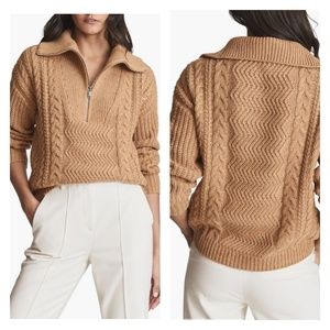 REISS | Alexis Half Zip Cable Knit Sweater Brown Wool Blend Stretch
